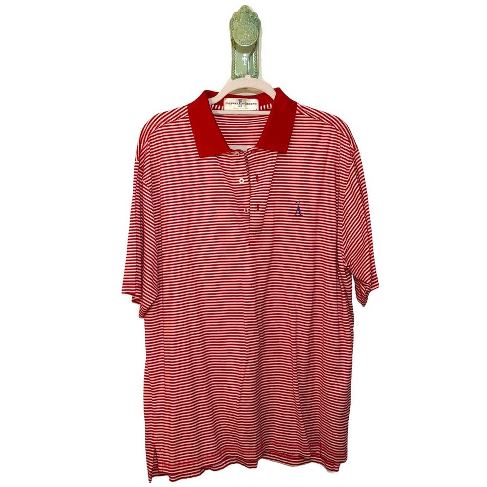 𝅺Fairway Greene Preppy Sports Stripe Golf Polo Shirt Cotton Red White L/XL